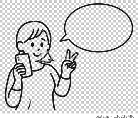 スマホを持ってピースサインをしている若い女性 136239496
