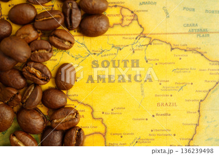 Bangkok, Thailand March 12, 2023 Coffee bean on world map, shopping online for export or import. 136239498