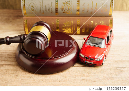 Bangkok, Thailand March 15, 2023 Car accident lawsuit and insurance, Judge hammer with car model. Bangkok, Thailand March 15, 2023 Car accident lawsuit and insurance, Judge hammer with car model. 136239527