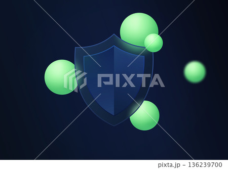 Abstract dark background with glass shield and green spheres symbolizing cybersecurity, data protection and digital security in modern glassmorphism style. Abstract dark background with glass shield and green spheres symbolizing cybersecurity, data protection and digital security in modern glassmorphism style. 136239700