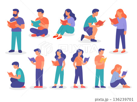 Set of diverse characters reading books in various poses, sitting, standing, and kneeling. Modern flat vector style 136239701
