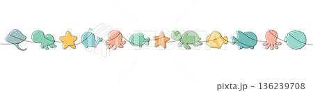 Pastel one-line ocean animals. Cute colorful silhouettes of stingray, whale, octopus, turtle, starfish and fish 136239708