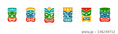 Set of six colorful tiki masks with fierce expressions. Polynesian style vector collection for festival art, tattoos and exotic cultural decor Set of six colorful tiki masks with fierce expressions. Polynesian style vector collection for festival art, tattoos and exotic cultural decor 136239712