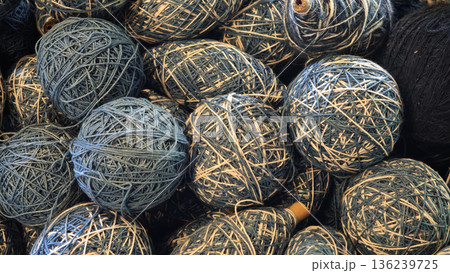 A group of yarns dyed with indigo and natural colors used in handicrafts and weaving. A group of yarns dyed with indigo and natural colors used in handicrafts and weaving. 136239725