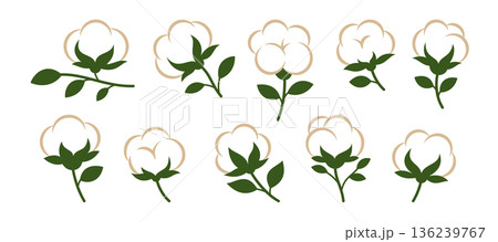 Set of 10 flat cotton plant icons with green leaves and white bolls. Vector collection for eco labels, textile design, and agricultural themes 136239767