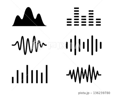 Sound waves and frequency signals. Minimal black line waveform silhouettes 136239780
