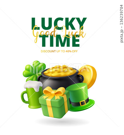 St. Patricks Day discount banner with pot of gold, beer mug, green gift box, shamrock and leprechaun hat St. Patricks Day discount banner with pot of gold, beer mug, green gift box, shamrock and leprechaun hat 136239784
