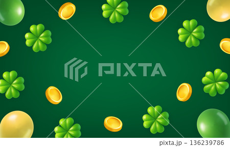 St. Patricks Day illustration with shamrocks and gold coins on green background 136239786