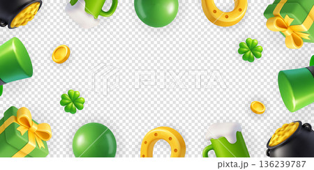 St. Patricks Day decorative frame with green hats, beer mugs, coins, gifts, clovers St. Patricks Day decorative frame with green hats, beer mugs, coins, gifts, clovers 136239787