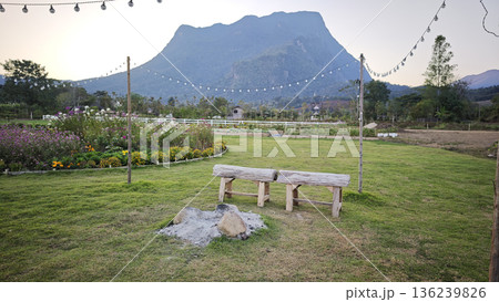 A beautifully landscaped flower garden with wooden tables for relaxing, offering a backdrop of mountains. A beautifully landscaped flower garden with wooden tables for relaxing, offering a backdrop of mountains. 136239826