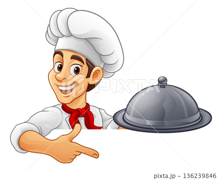 Chef Baker Cook Platter Cartoon Man Pointing Sign 136239846
