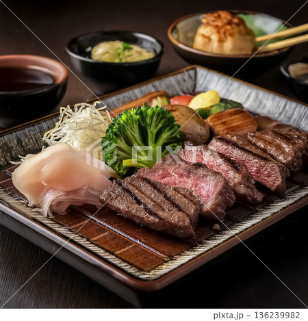 和風ステーキ定食｜日本の夕食と上質な肉料理を表現した料理イメージ 136239982