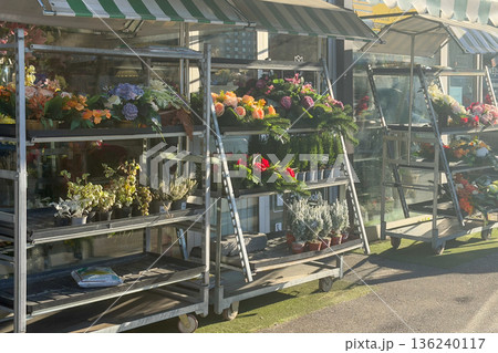 Vibrant outdoor flower shop display featuring colorful blooms, potted plants, and festive wreaths neatly arranged on tiered trolleys under striped awnings 136240117