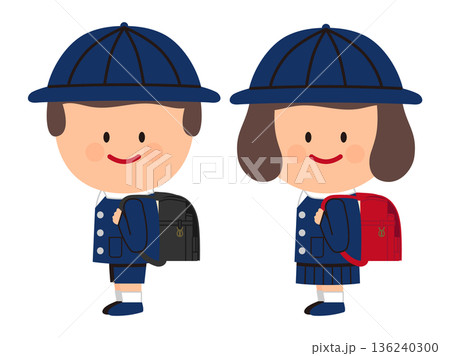 ランドセルを背負う小学生の子供のイラストセット ランドセルを背負う小学生の子供のイラストセット 136240300