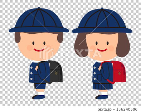 ランドセルを背負う小学生の子供のイラストセット ランドセルを背負う小学生の子供のイラストセット 136240300