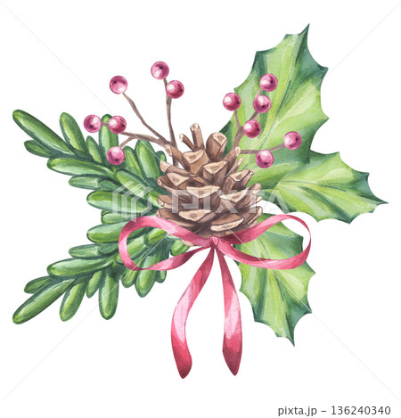 Christmas decoration pine cone with red ribbon, ilex berry and holly green leaves. Bright New Year card. Hand drawn watercolor illustration on isolated background. For postcard, invitation, logo. 136240340
