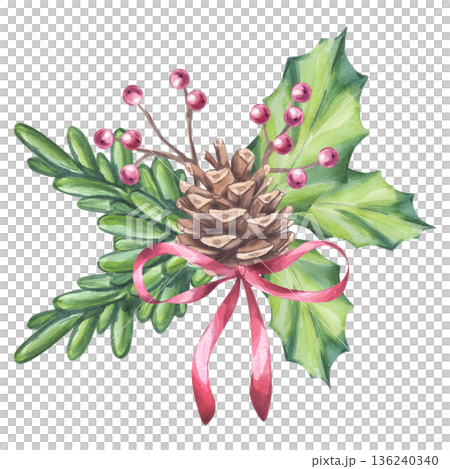 Christmas decoration pine cone with red ribbon, ilex berry and holly green leaves. Bright New Year card. Hand drawn watercolor illustration on isolated background. For postcard, invitation, logo. 136240340