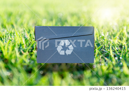 rdboard box with recycling symbol on natural background, concepts of ecology, waste reduction, and environmental conservation. rdboard box with recycling symbol on natural background, concepts of ecology, waste reduction, and environmental conservation. 136240415