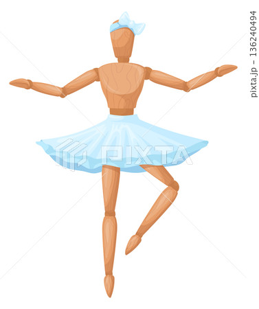 Wooden ballerina figurine. Dancing mannequin cartoon icon 136240494