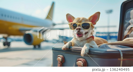 A Joyful Dog Ready for Adventure at the Airport, Sporting Sunglasses While Relaxing on a Luggage, Capturing the Spirit of Travel and Companionship A Joyful Dog Ready for Adventure at the Airport, Sporting Sunglasses While Relaxing on a Luggage, Capturing the Spirit of Travel and Companionship 136240495