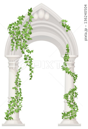 Wedding pillar gate. Classic elegant stone arch with green branches 136240504