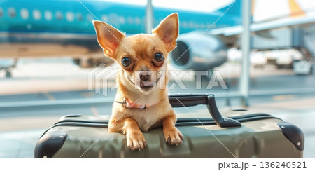 A Playful Chihuahua Sitting on a Suitcase at the Airport, Enjoying the Excitement of Travel and Adventure Ahead 136240521