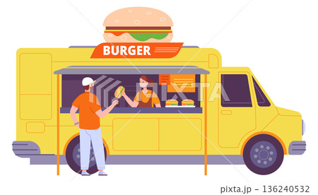 Burger truck cartoon icon. People eat street food 136240532