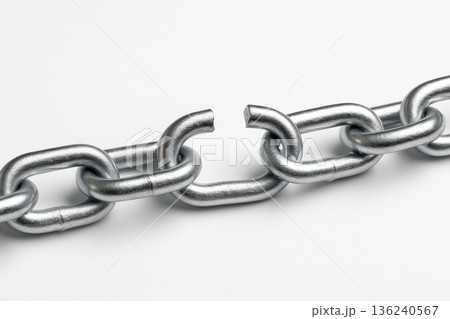 A Close-Up View of a Broken Metallic Chain Link Illustrating Strength and Vulnerability in Structural Integrity and Connection 136240567