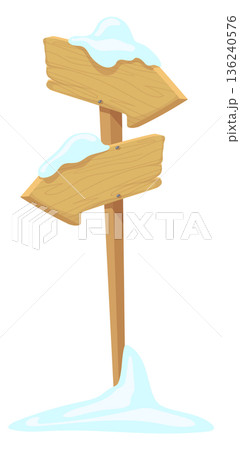 Wooden arrow guidepost. Cartoon sign in winter snow 136240576