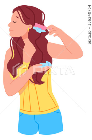 Woman styling hair with cosmetic mousse product color icon 136240754