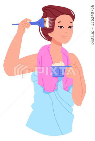 Dying hair color icon. Woman apply mask on head 136240756