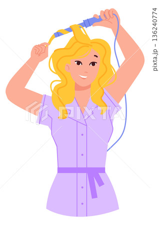 Curling hair icon. Woman use hairstyle curler 136240774