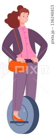 Businesswoman on monowheel drive to work. Alternative urban transport Businesswoman on monowheel drive to work. Alternative urban transport 136240815