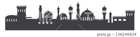 Arabic cityscape black silhouette. Islamic mosque buildings 136240834