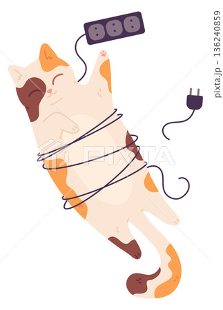 Cat play with wires. Power cable damage icon Cat play with wires. Power cable damage icon 136240859