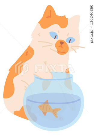 Cat try catch fish from glass bowl. Bad pet character 136240860