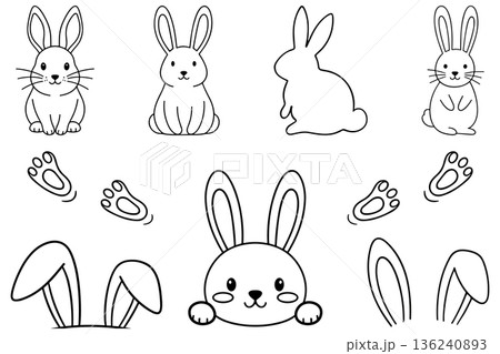 Cute Easter Bunny Line Art Set 136240893