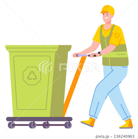 Worker push dumpster container. Waste sorting bin 136240963