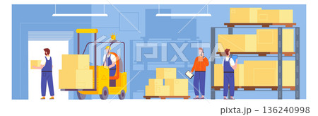 Warehouse scene with storage workers. Shipping service interior 136240998