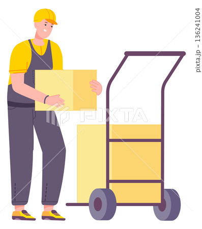Worker loading warehouse trolley with cardboard boxes cartoon icon Worker loading warehouse trolley with cardboard boxes cartoon icon 136241004
