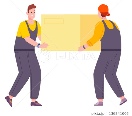 Movers carry cardboard box. Delivery service. Warehouse workers 136241005