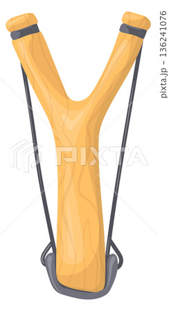 Wooden hunting weapon. Cartoon slingshot threat icon 136241076