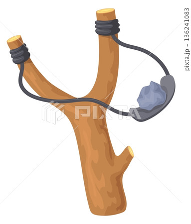 Throwing stone catapult toy. Cartoon slingshot icon 136241083