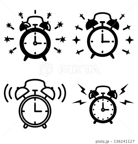Collection of four distinct ringing alarm clock outline icons with various wake up indicators Collection of four distinct ringing alarm clock outline icons with various wake up indicators 136241127