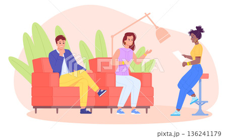 Celebrity guests sit on tv studio couch. Interview recording 136241179