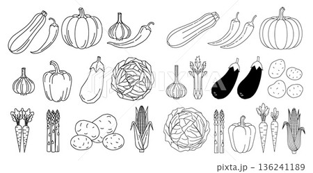 Collection of outline vegetables illustration, including zucchini, pumpkin, pepper, corn, cabbage and more Collection of outline vegetables illustration, including zucchini, pumpkin, pepper, corn, cabbage and more 136241189