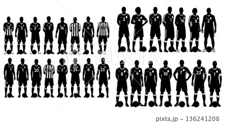 Collection of silhouette soccer players in uniform with numbers and footballs Collection of silhouette soccer players in uniform with numbers and footballs 136241208