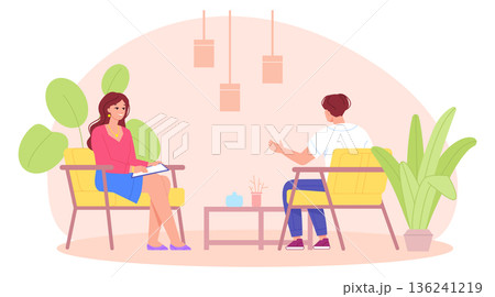 Interview color illustration. Female journalist talk with guest Interview color illustration. Female journalist talk with guest 136241219