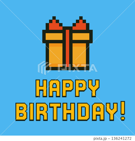 Pixel art Happy Birthday greeting card featuring a bright gift box and colorful background. Retro 8 bit style perfect for kids, video game fans or digital invitations. Pixel art Happy Birthday greeting card featuring a bright gift box and colorful background. Retro 8 bit style perfect for kids, video game fans or digital invitations. 136241272