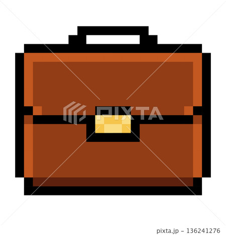 A pixel art style icon of a brown business briefcase with a black handle and a golden clasp 136241276
